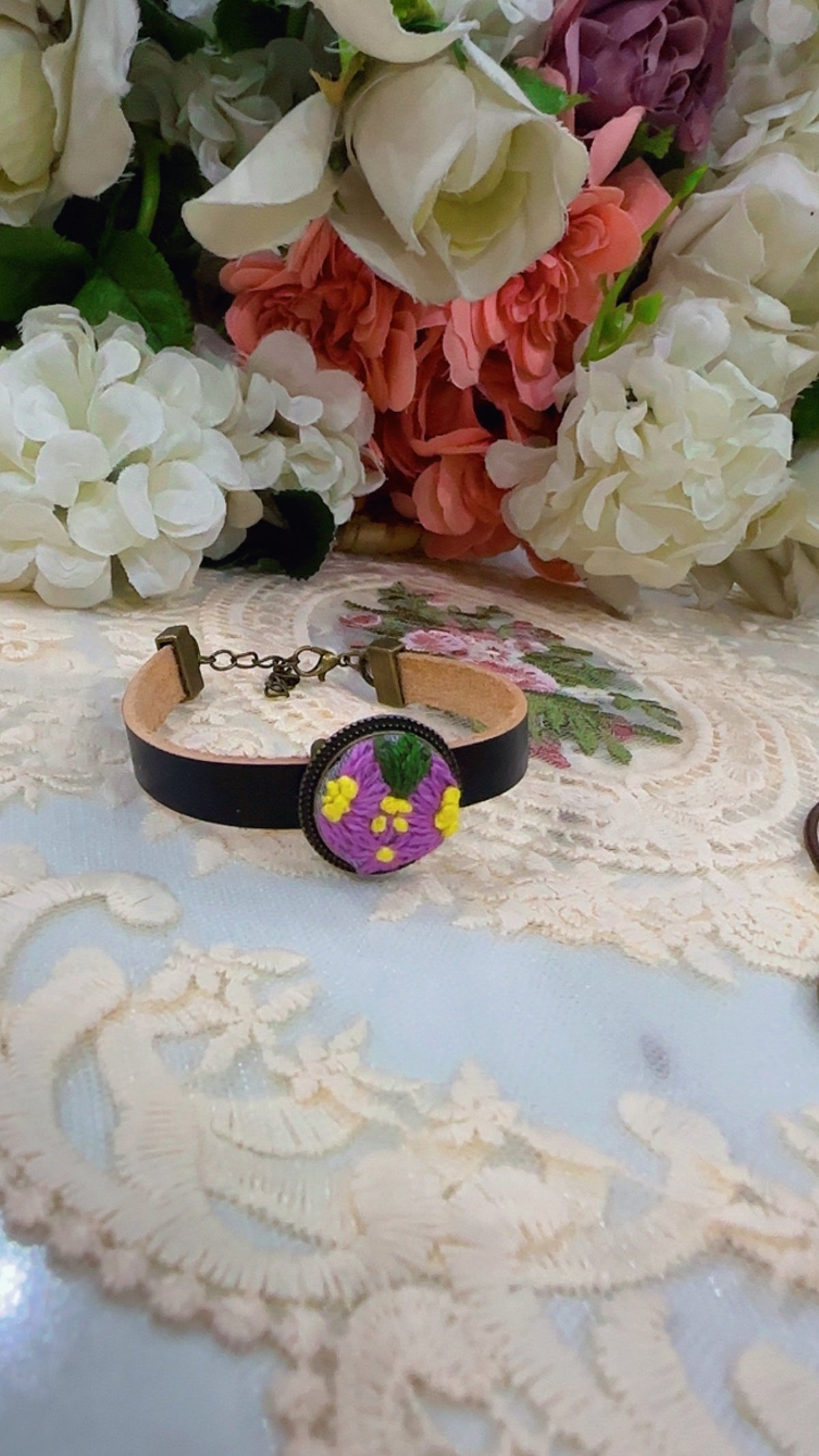 Gul-e-Rukhsar Hand-Embroidered Leather Bracelet | Rustic Romance Series