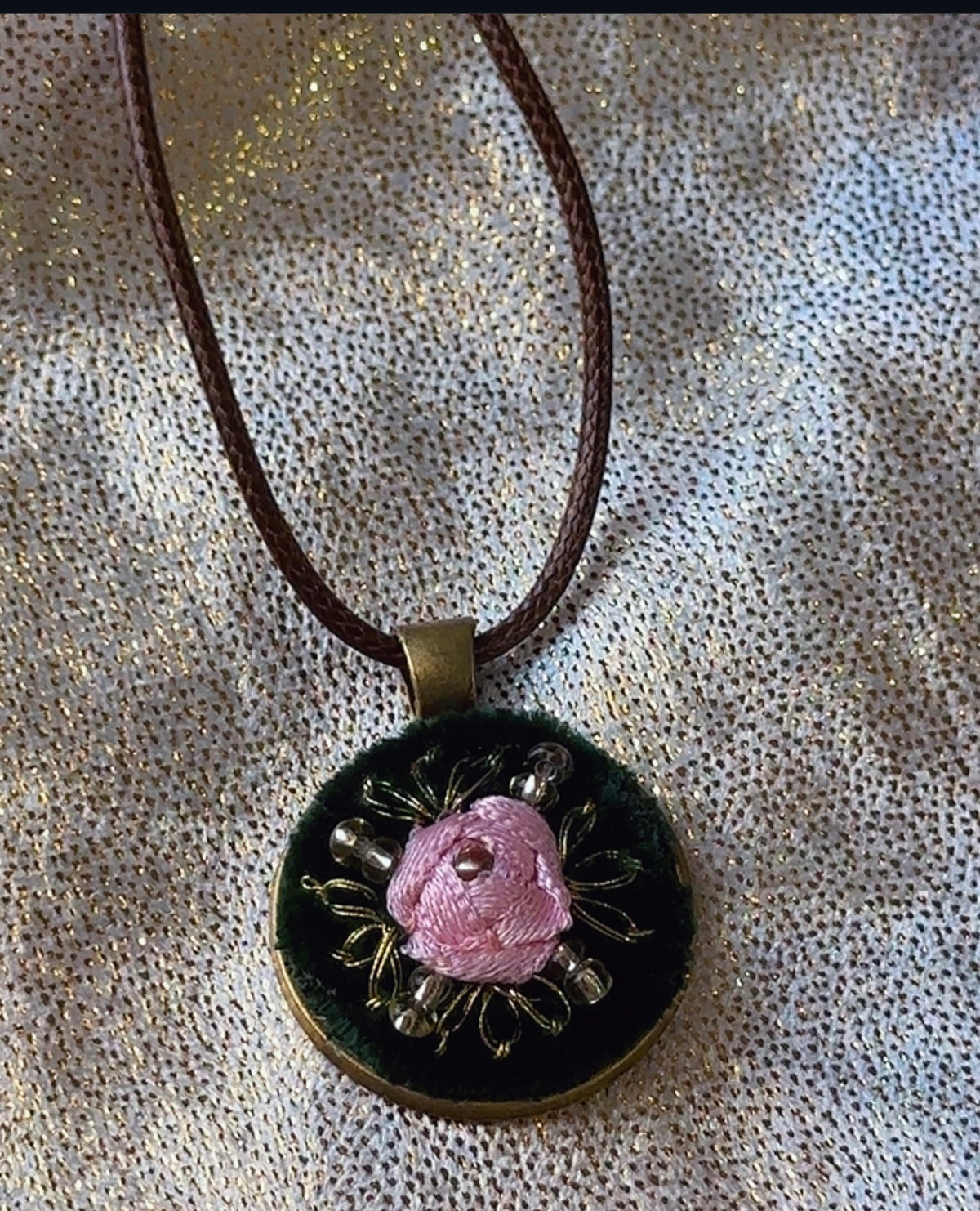 The Emerald Rose Velvet Ribbon Work Pendant