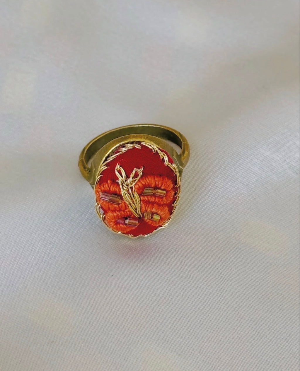 Hand-Embroidered Rust & Gold Beaded Vintage Statement Ring