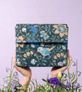 Vintage Blue Bird Print Clutch with Hand-Embroidered Golden Outline