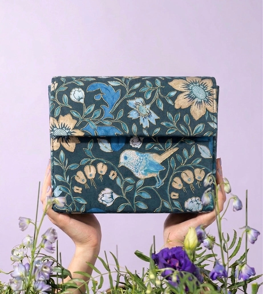 Vintage Blue Bird Print Clutch with Hand-Embroidered Golden Outline