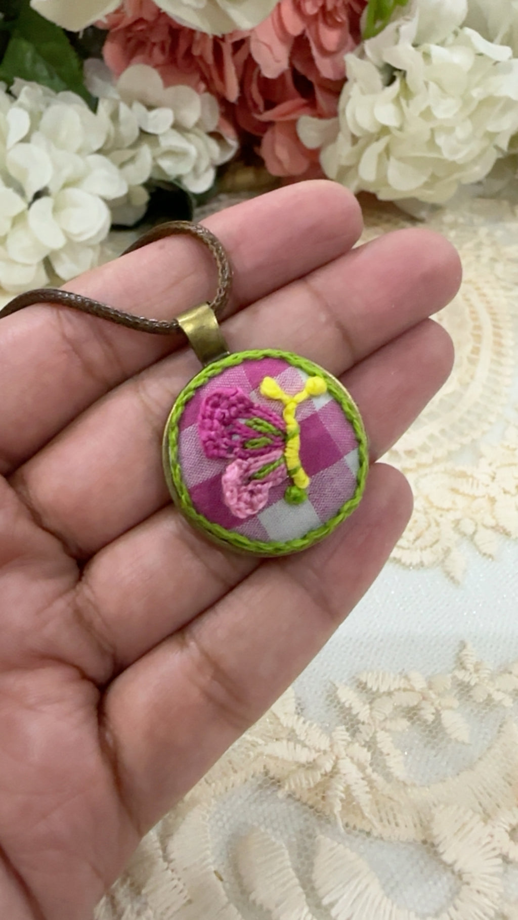 Fluttering Petals Hand-Embroidered Butterfly Pendant Necklace