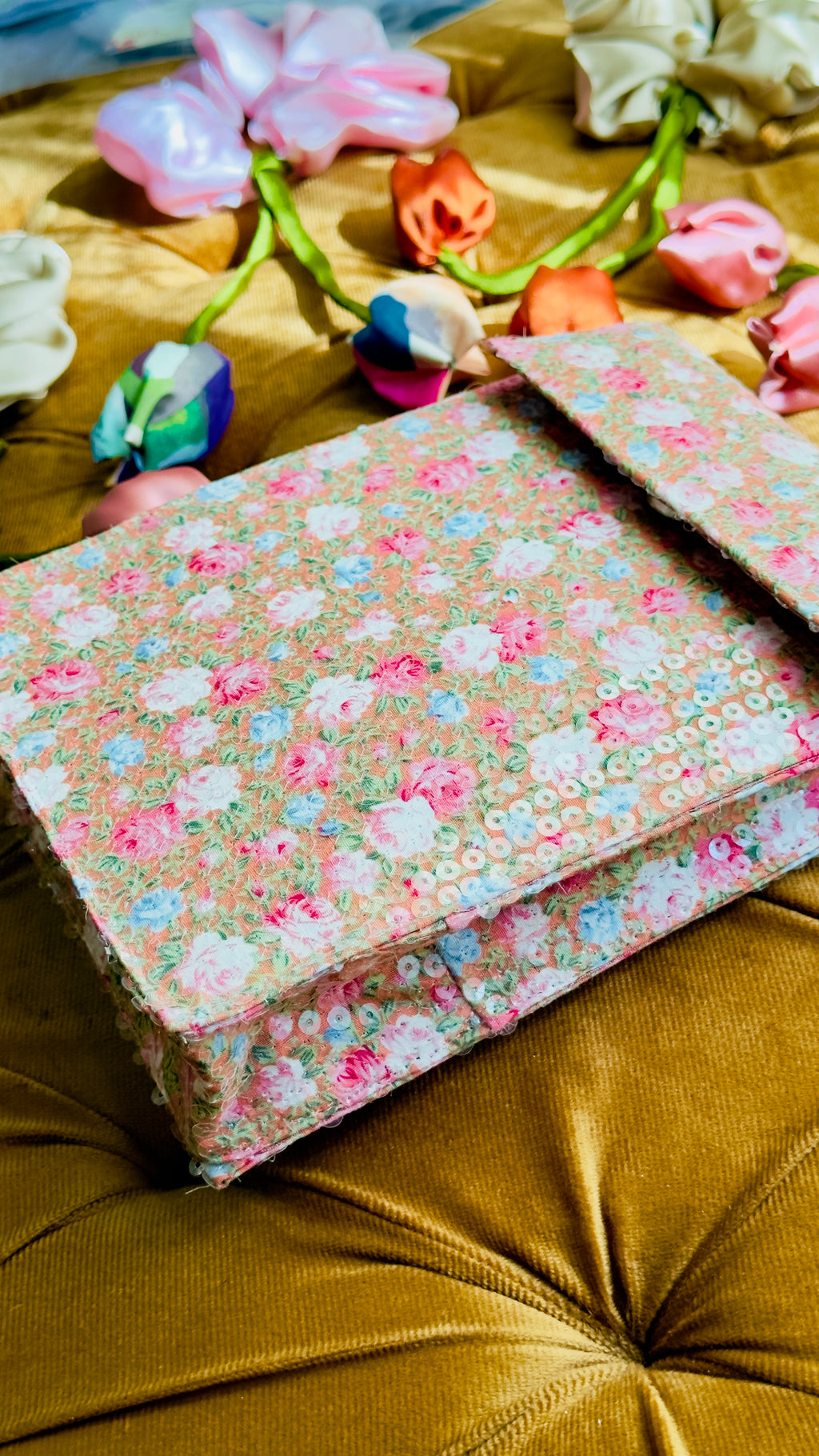 Peach Sorbet: Handmade Floral Sequin Vertical Messenger Bag