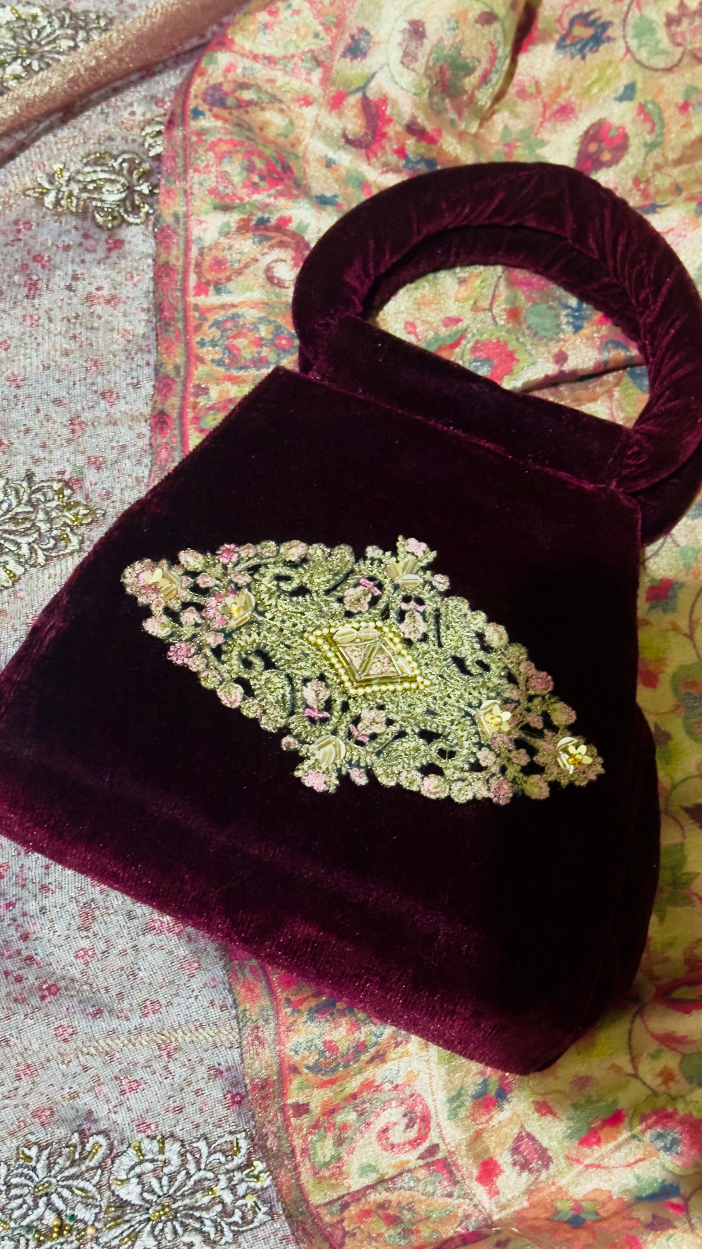 Bakht: Handmade Burgundy Velvet Embroidered Wedding Bag