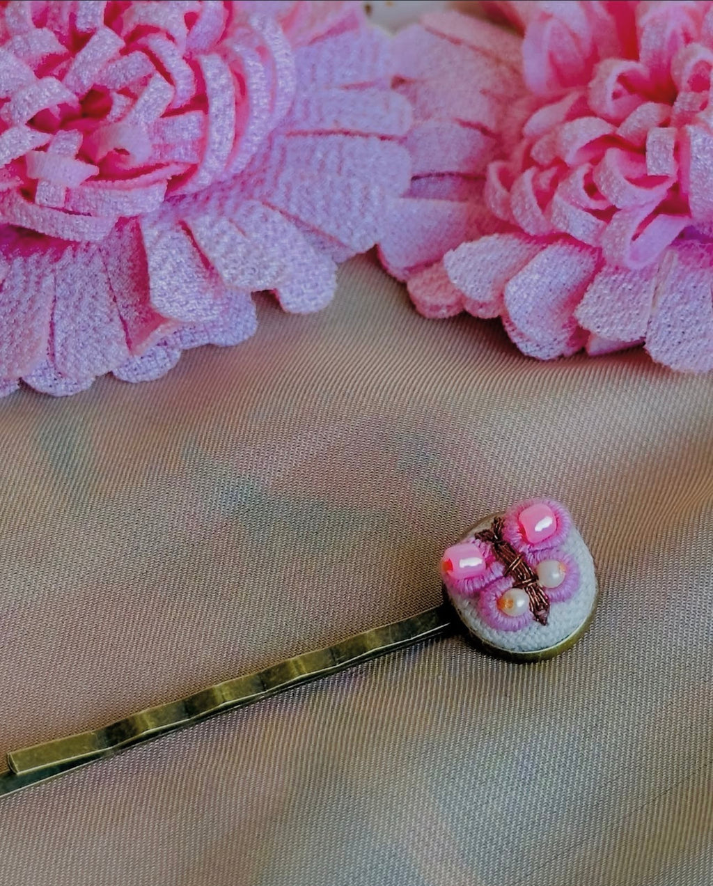 Hand-Embroidered Pink Butterfly Hair Pin - Vintage Brass
