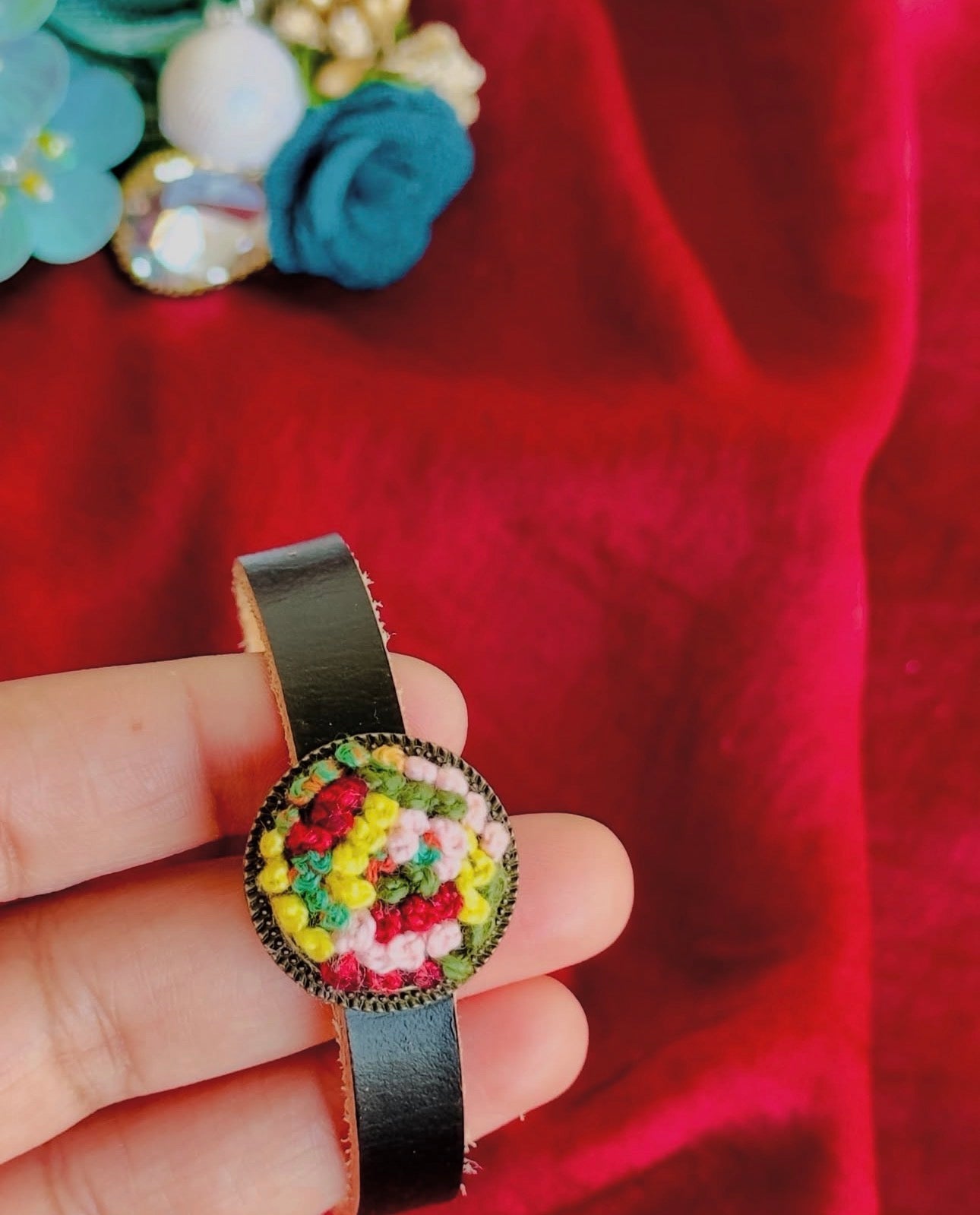 Hand-Embroidered Leather Bracelet | Boho Floral Wrist Cuff