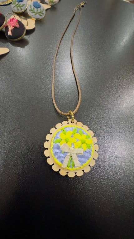 Hand Embroidered Wooden Floral Pendant - Yellow Mehtab