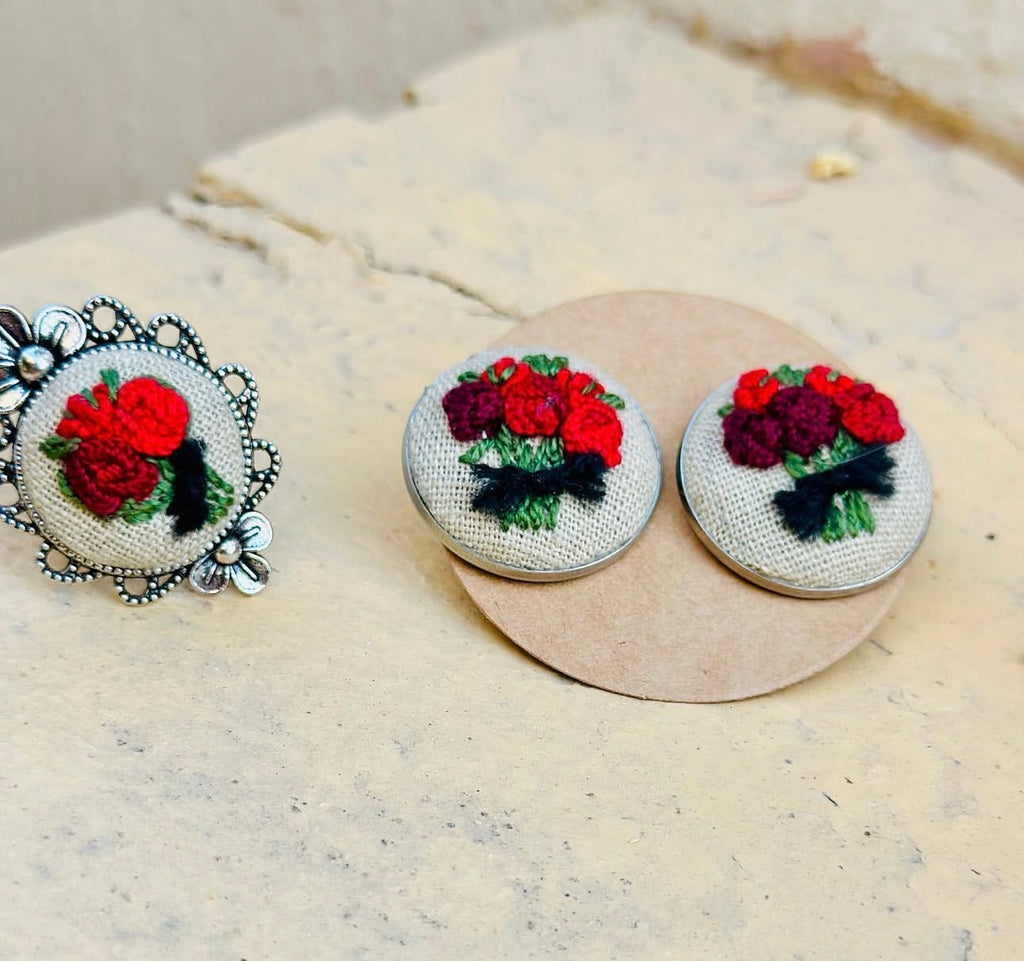 Hand-Embroidered Red Rose Bouquet Silver Statement Ring
