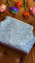 Azure Meadow: Handmade Floral Sequin Frame Clutch Bag