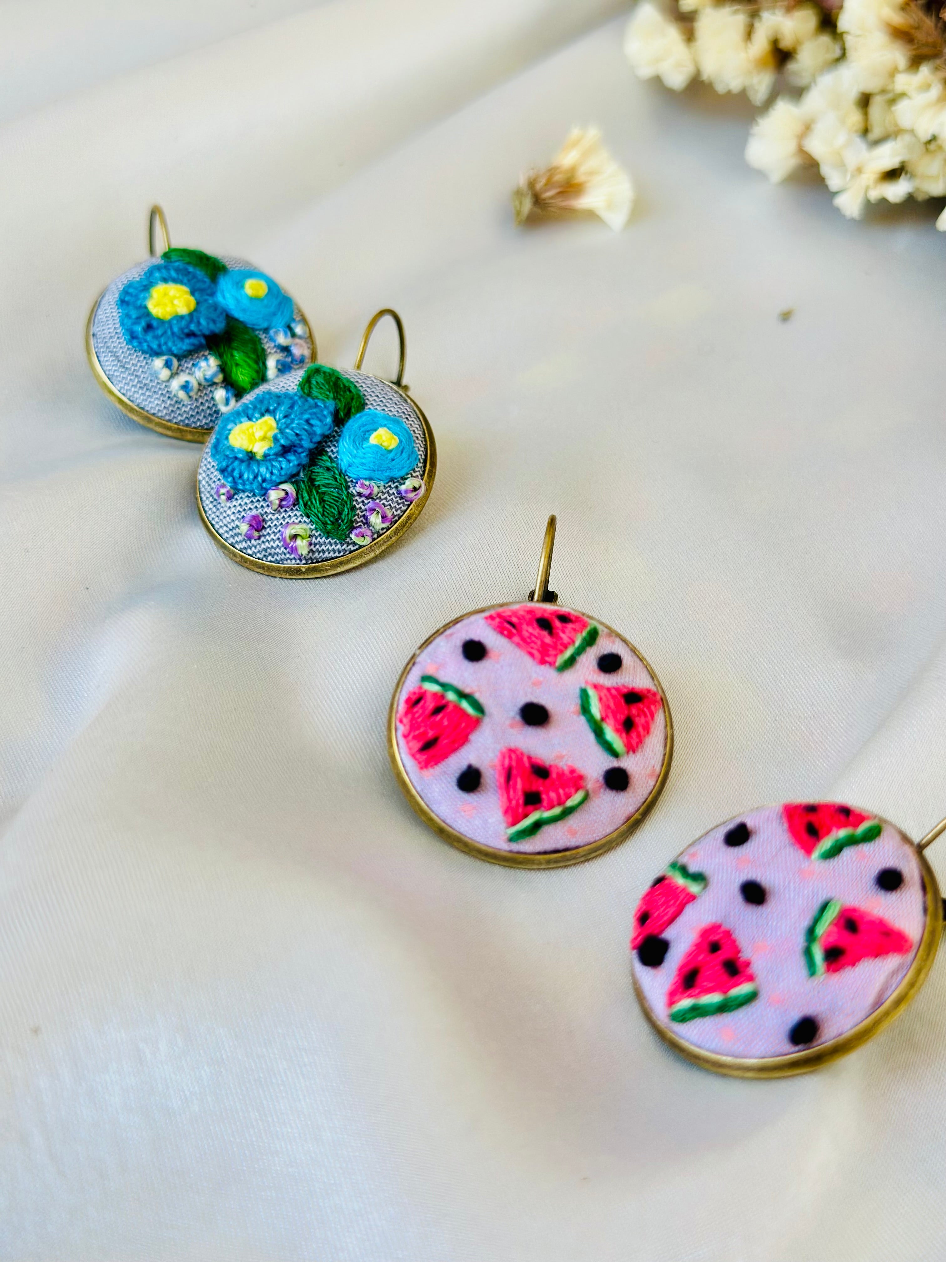 Blue Floral Hand-Embroidered Drop Earrings | Artisan Jewelry