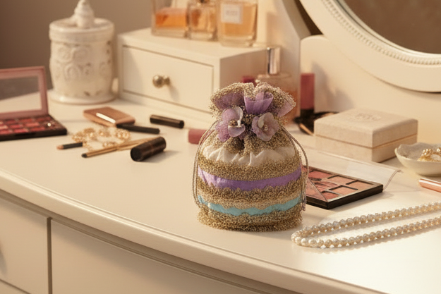 Nigaar: Pastel Striped Potli with Gold Gota & Pearl Handle