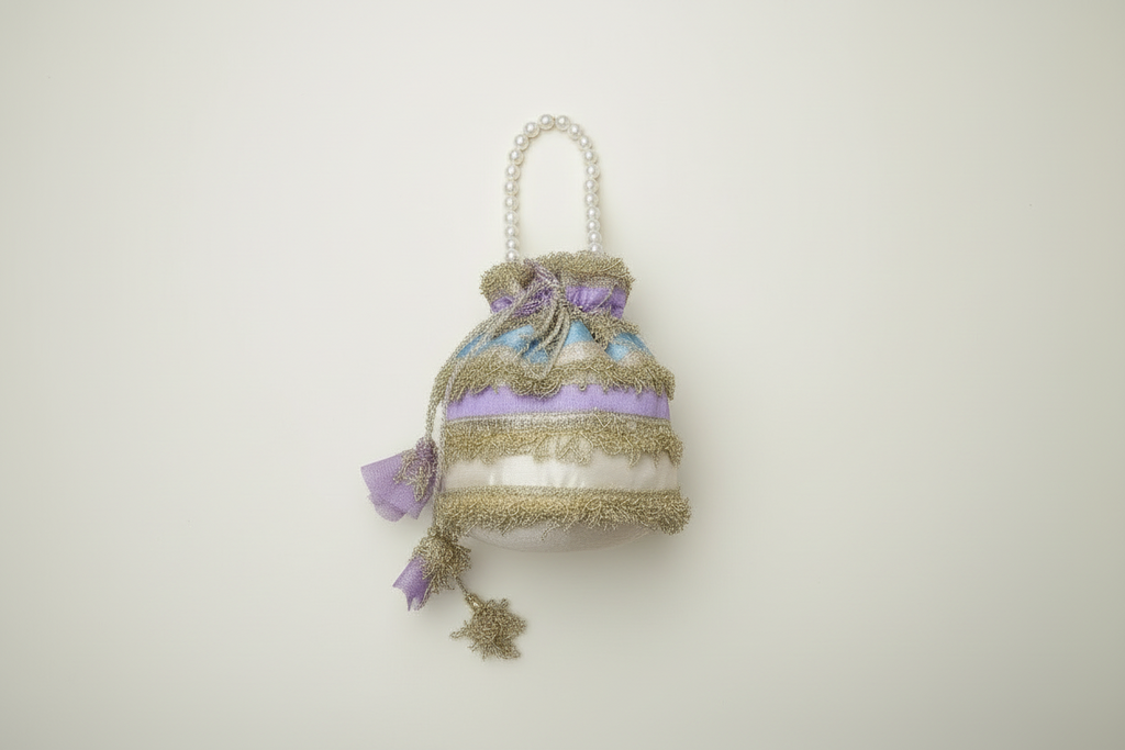 Nigaar: Pastel Striped Potli with Gold Gota & Pearl Handle