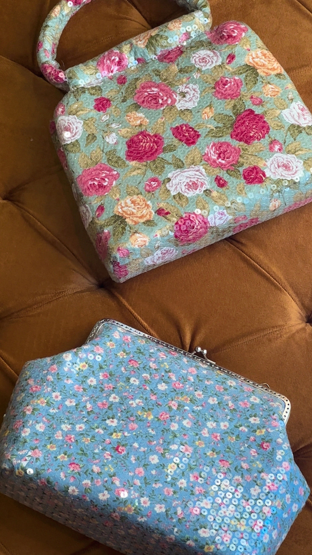 Azure Meadow: Handmade Floral Sequin Frame Clutch Bag