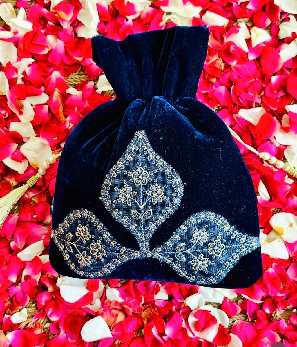 Zaarina: Navy Velvet Potli Bag with Hand-Embroidered Zari