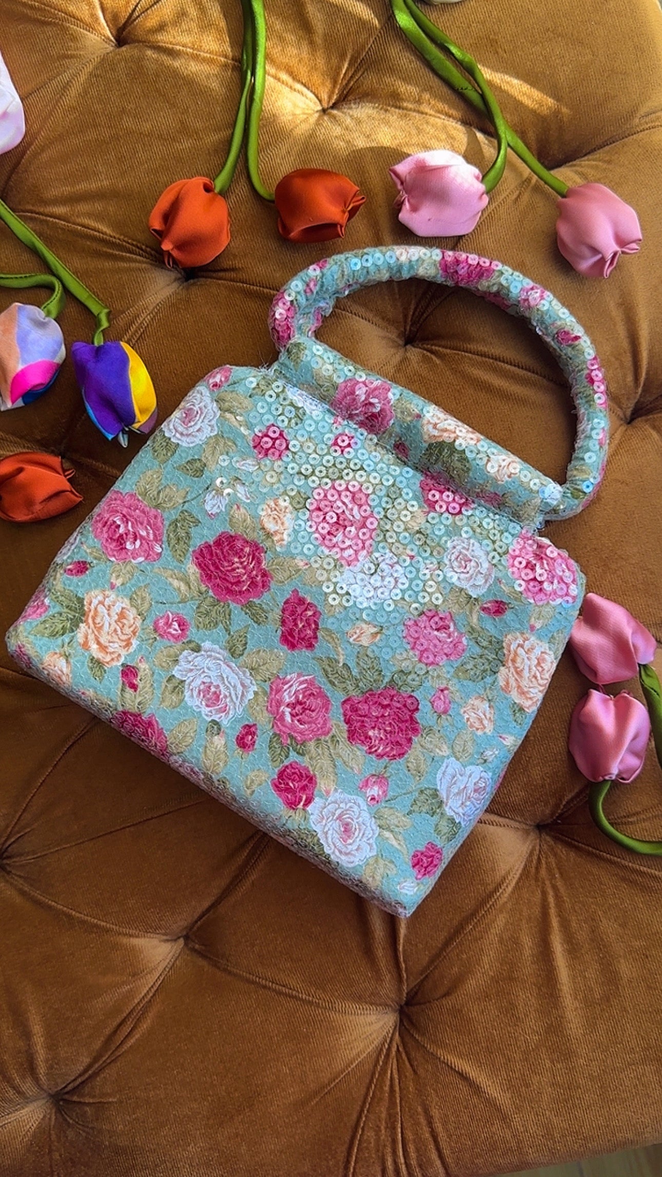 Bloom Box: Handmade Sage Floral Bag with Sequin Ring Handle
