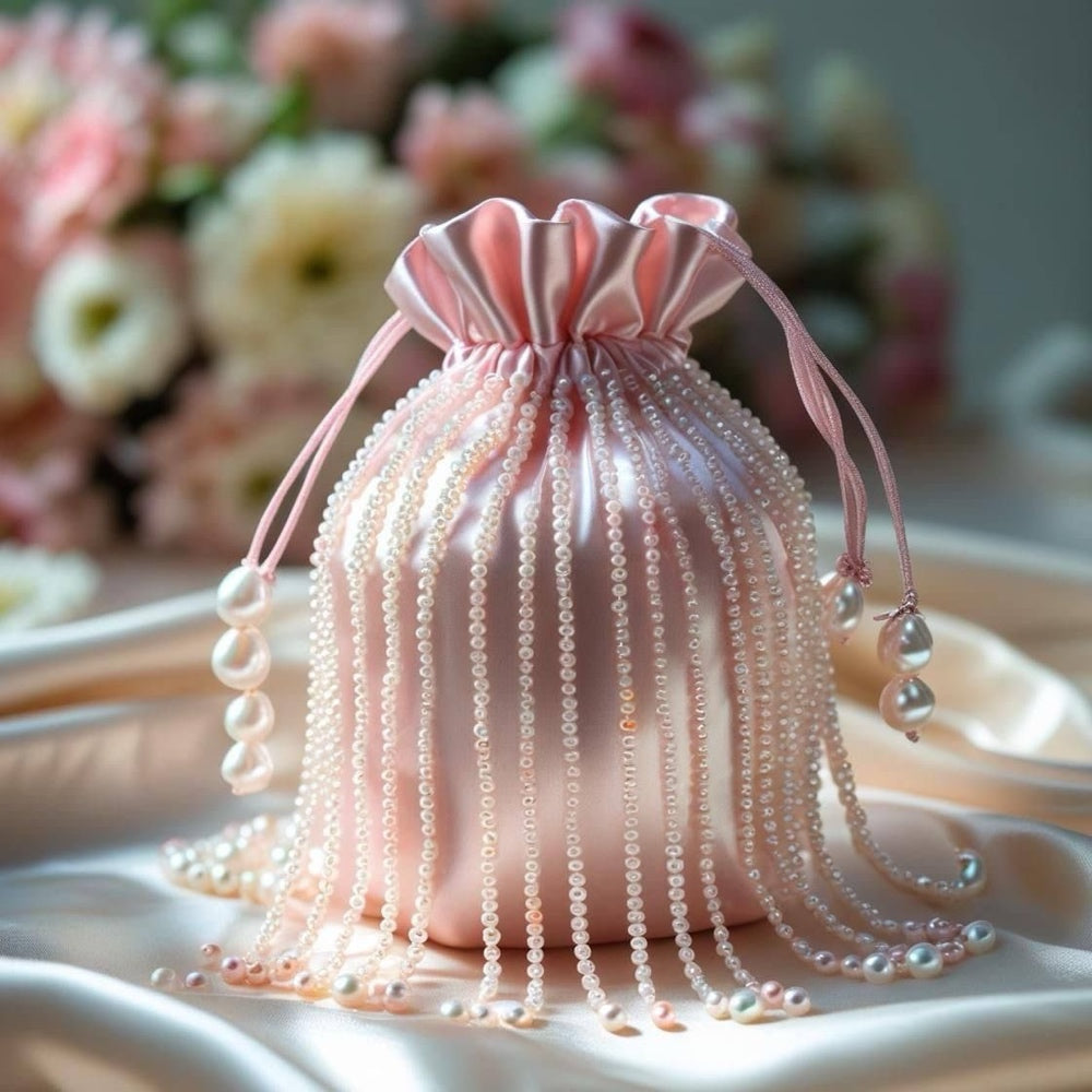 Afshaan Pink Silk Potli Bag with Hand-Strung Pearl Fringes