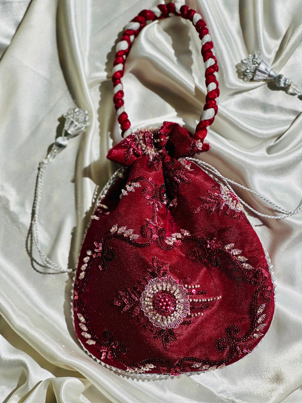 Zar-e-Shahi: Handmade Maroon and Silver Potli Bag