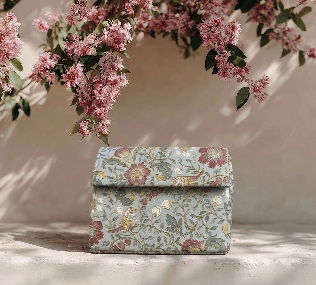 Hand-Embroidered Floral & Bird Print Clutch - Vintage Grey with Gold Tilla Detail