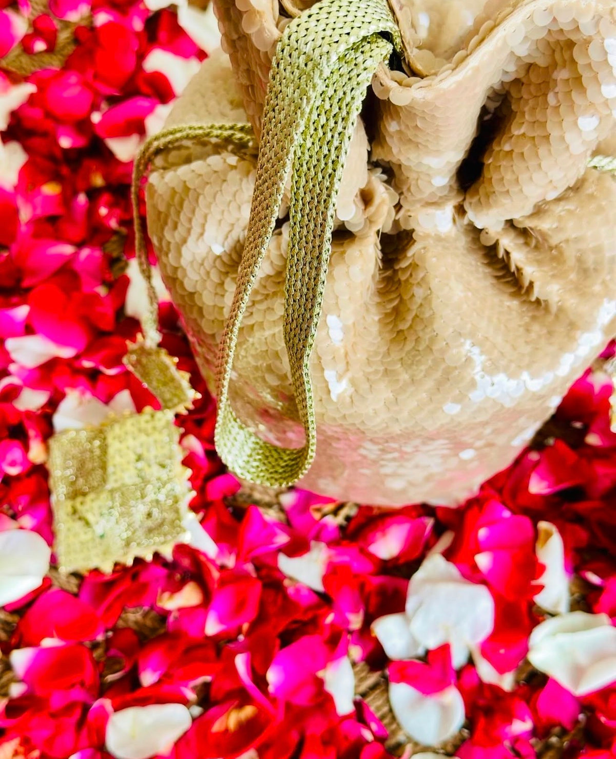 Sohaan: Champagne Gold Sequin Bucket Bag with Handcrafted Gota Tassels