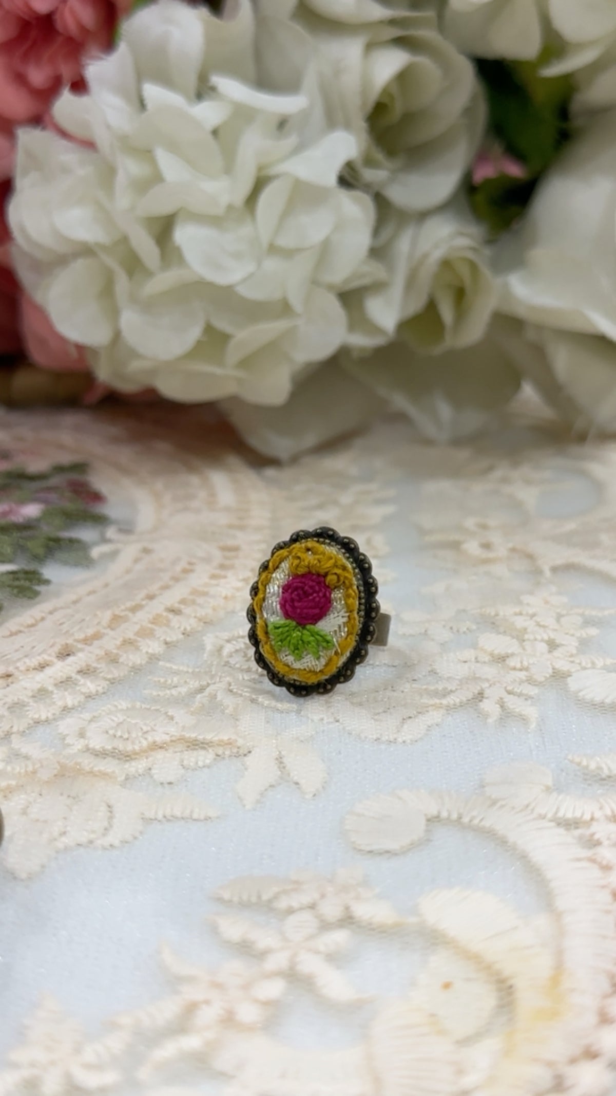 Vintage Rose Garden Hand-Embroidered Floral Statement Ring