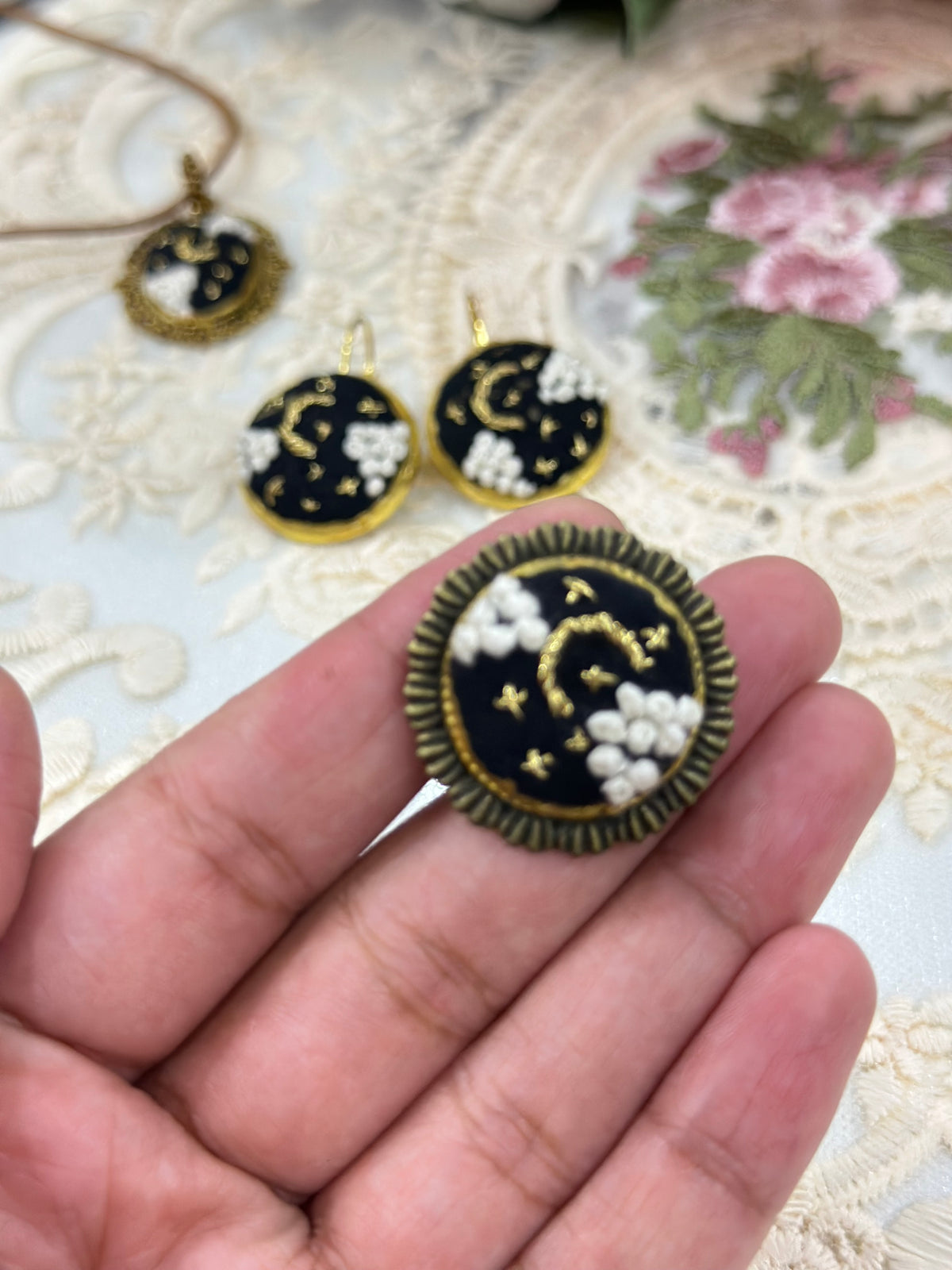 Midnight Stardust Hand-Embroidered Celestial Statement Ring