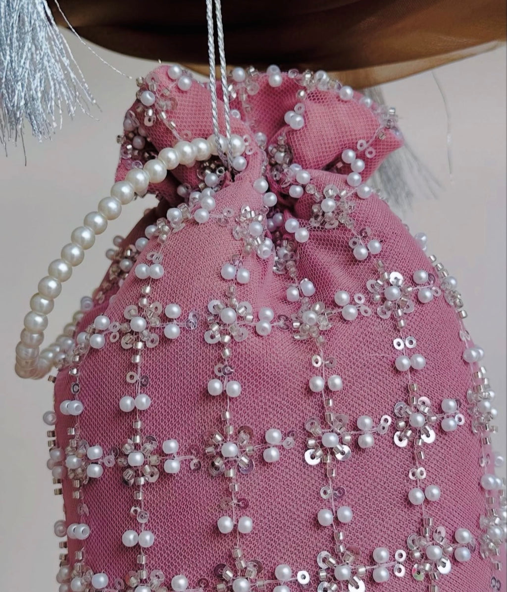 Shafaq: Pink Hand-Embroidered Pearl & Sequin Net Potli