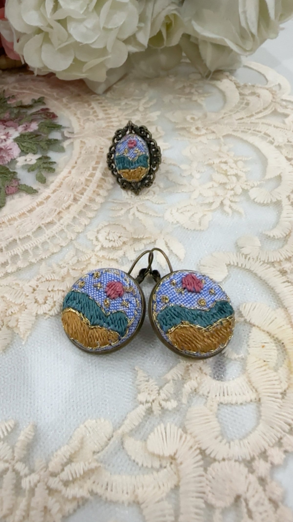 Golden Meadow Day Hand-Embroidered Landscape Statement Ring