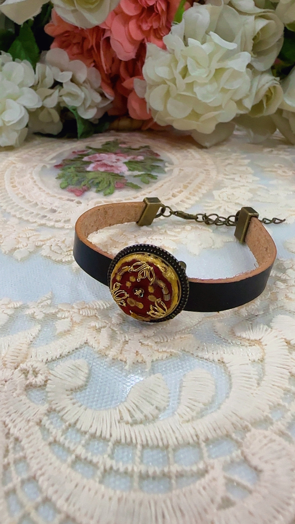 Gul-e-Tabassum Hand-Embroidered Leather Bracelet | Rustic Romance Series