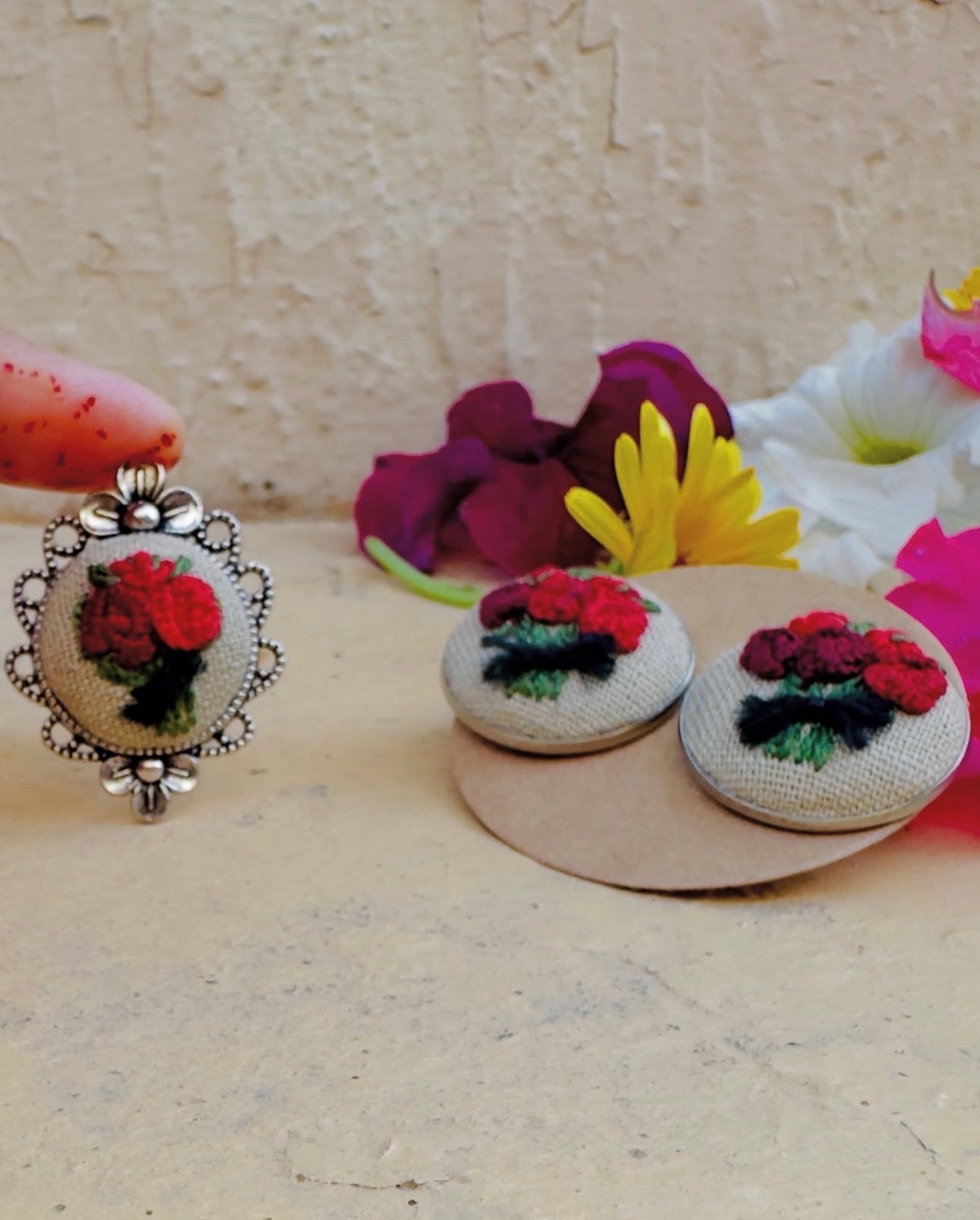 Hand-Embroidered Red Rose Bouquet Silver Statement Ring