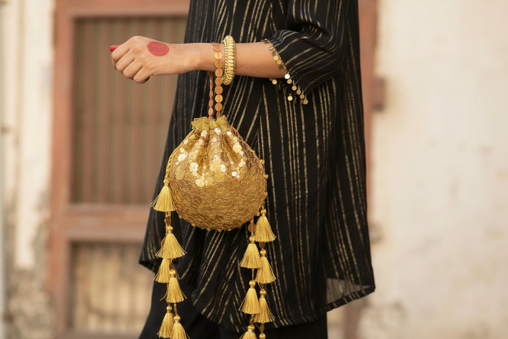 Shahnoor: Hand-Embellished Pink & Gold Potli Bag