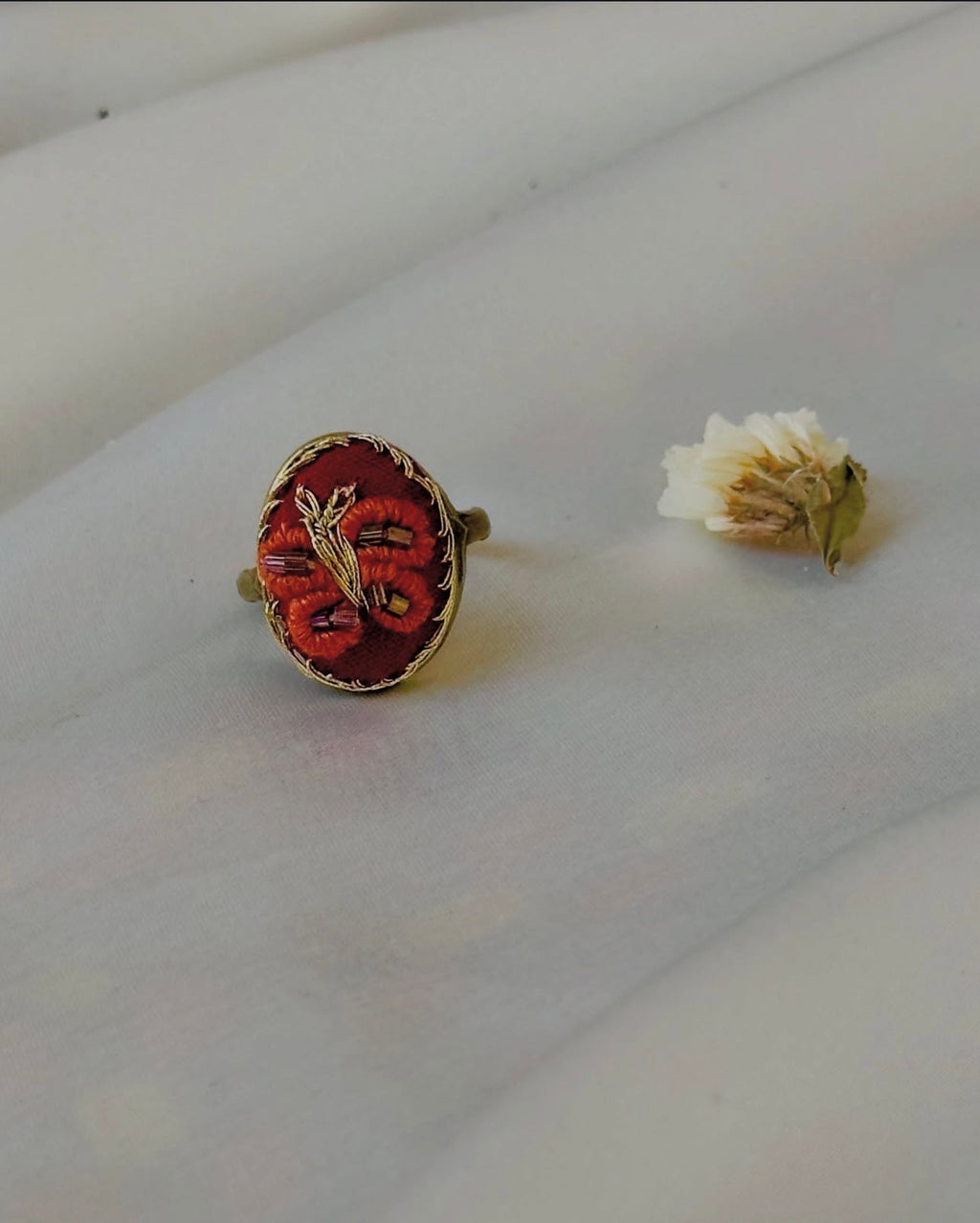 Hand-Embroidered Rust & Gold Beaded Vintage Statement Ring