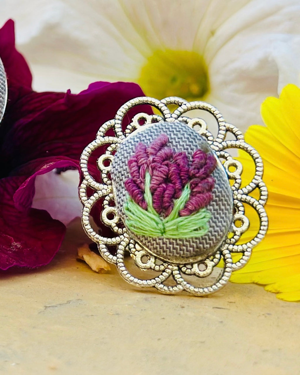 Purple Floral Hand-Embroidered Ring - Silver Filigree Jewelry