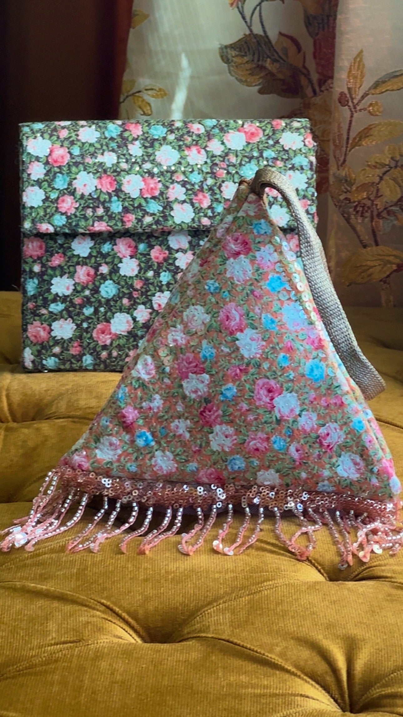 Peach Peony: Handmade Triangle Floral Bag with Beaded Fringe