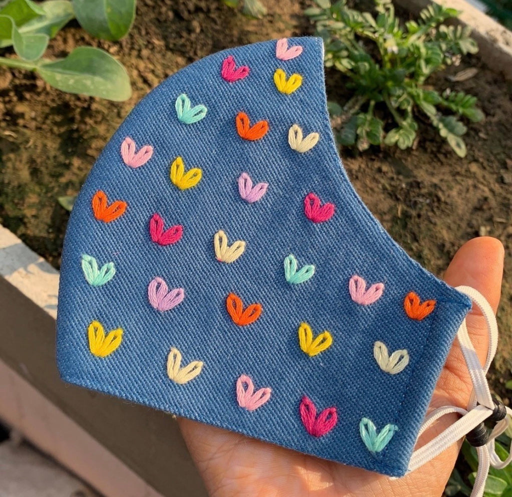 Heart-to-Heart: Hand-Embroidered Rainbow Heart Denim Face Mask