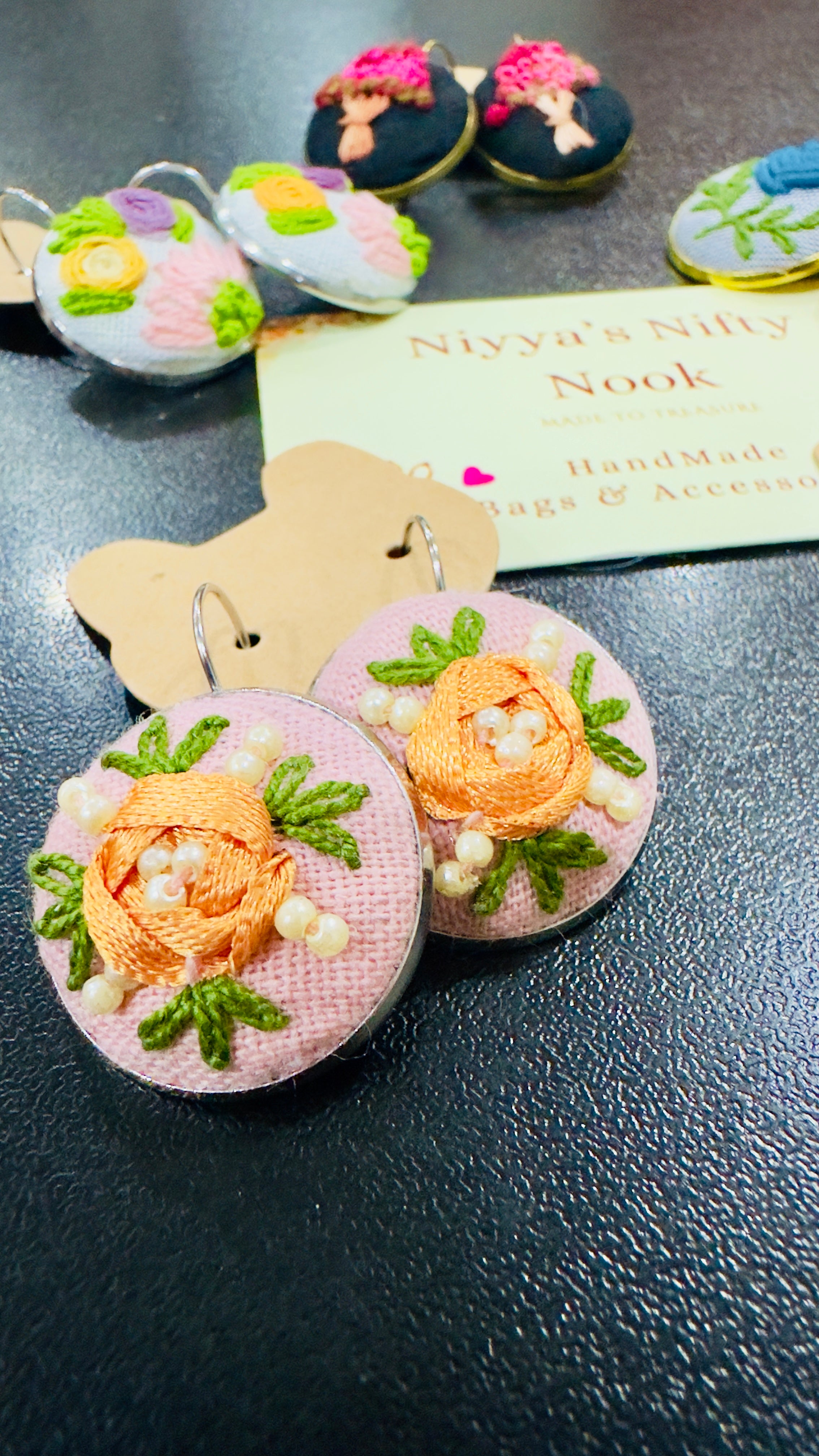 Peach Blossom Hand-Embroidered Silk Ribbon Earrings