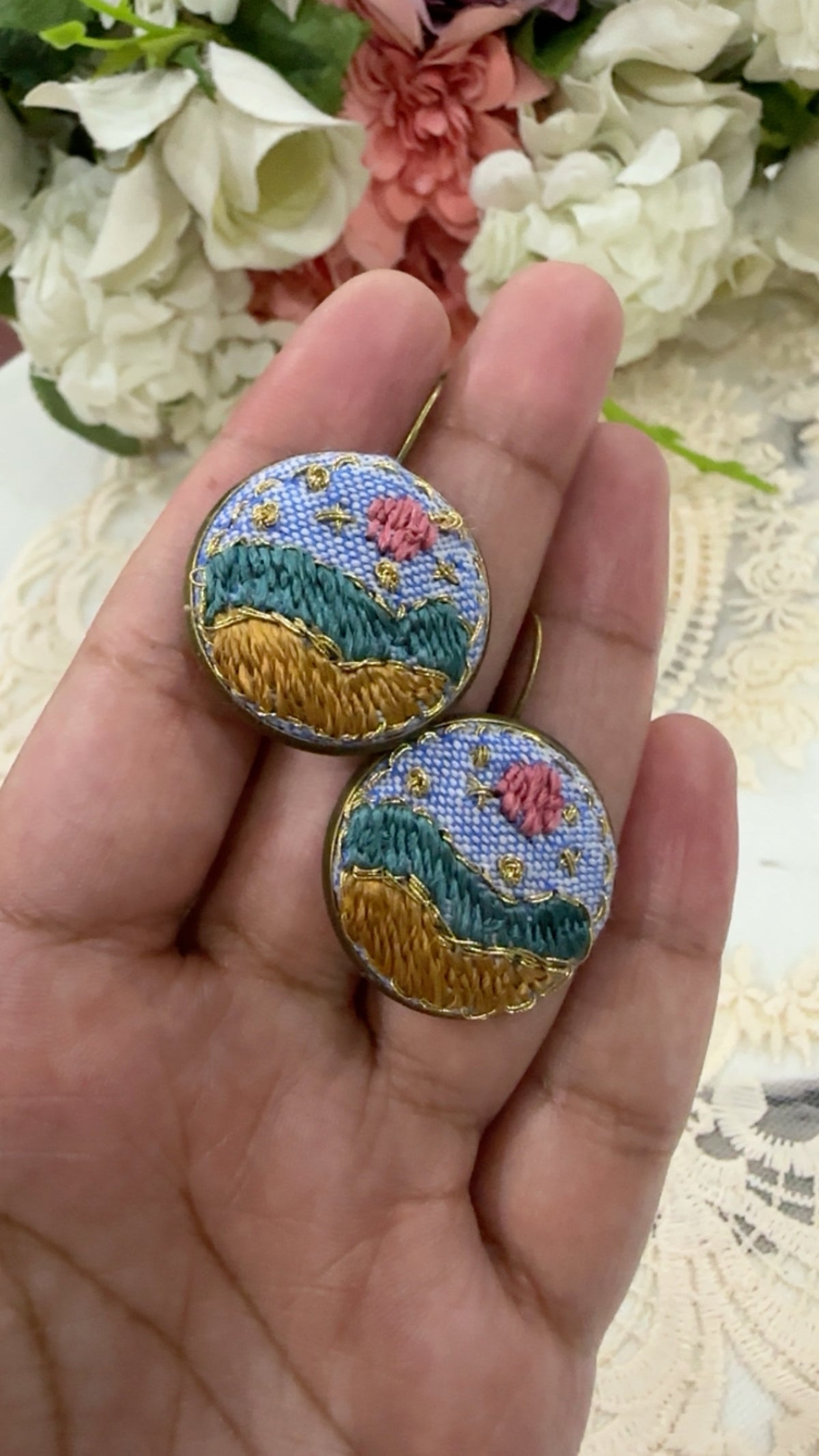 Golden Meadow Day Hand-Embroidered Landscape Statement Earrings