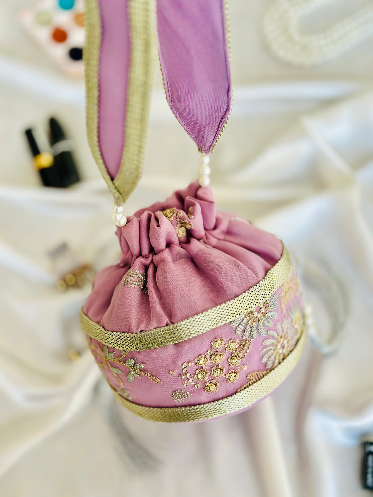Summan Handcrafted Lilac Embroidered Potli Bag | Silk Bridal & Festive Clutch