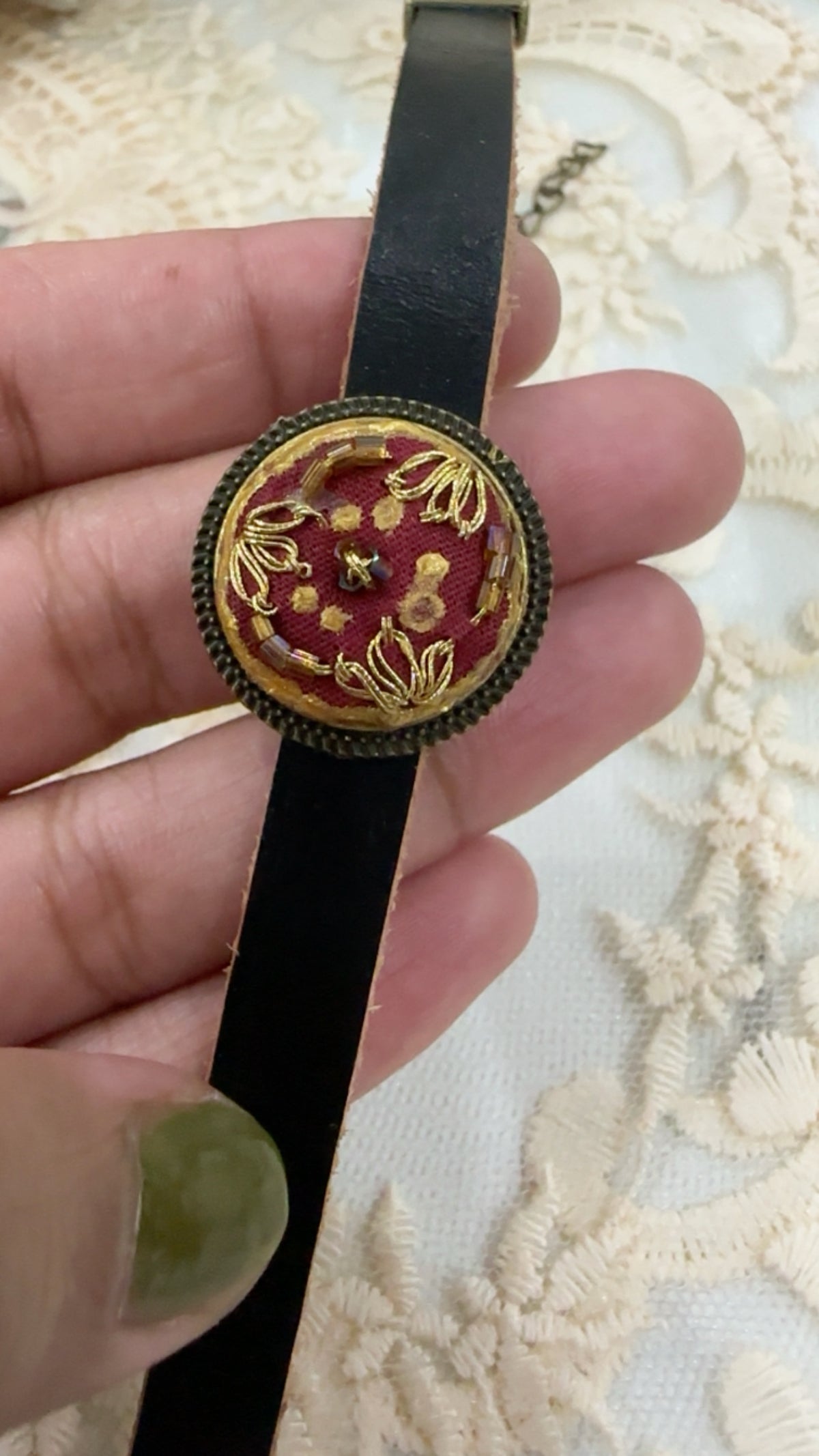 Gul-e-Tabassum Hand-Embroidered Leather Bracelet | Rustic Romance Series