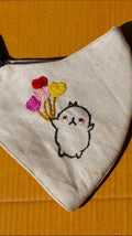 Hand-Embroidered Cute Character Face Mask – Natural Cotton Linen – Whimsical Heart Balloons – Breathable & Reusable
