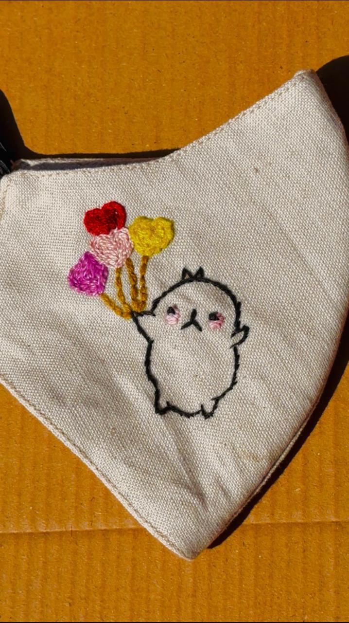 Hand-Embroidered Cute Character Face Mask – Natural Cotton Linen – Whimsical Heart Balloons – Breathable & Reusable