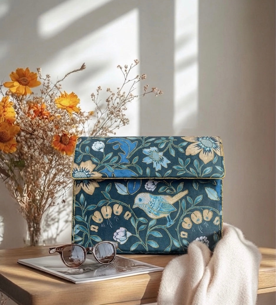 Vintage Blue Bird Print Clutch with Hand-Embroidered Golden Outline