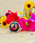 Hand-Embroidered Black Floral Ring - Vintage Silver Filigree Band
