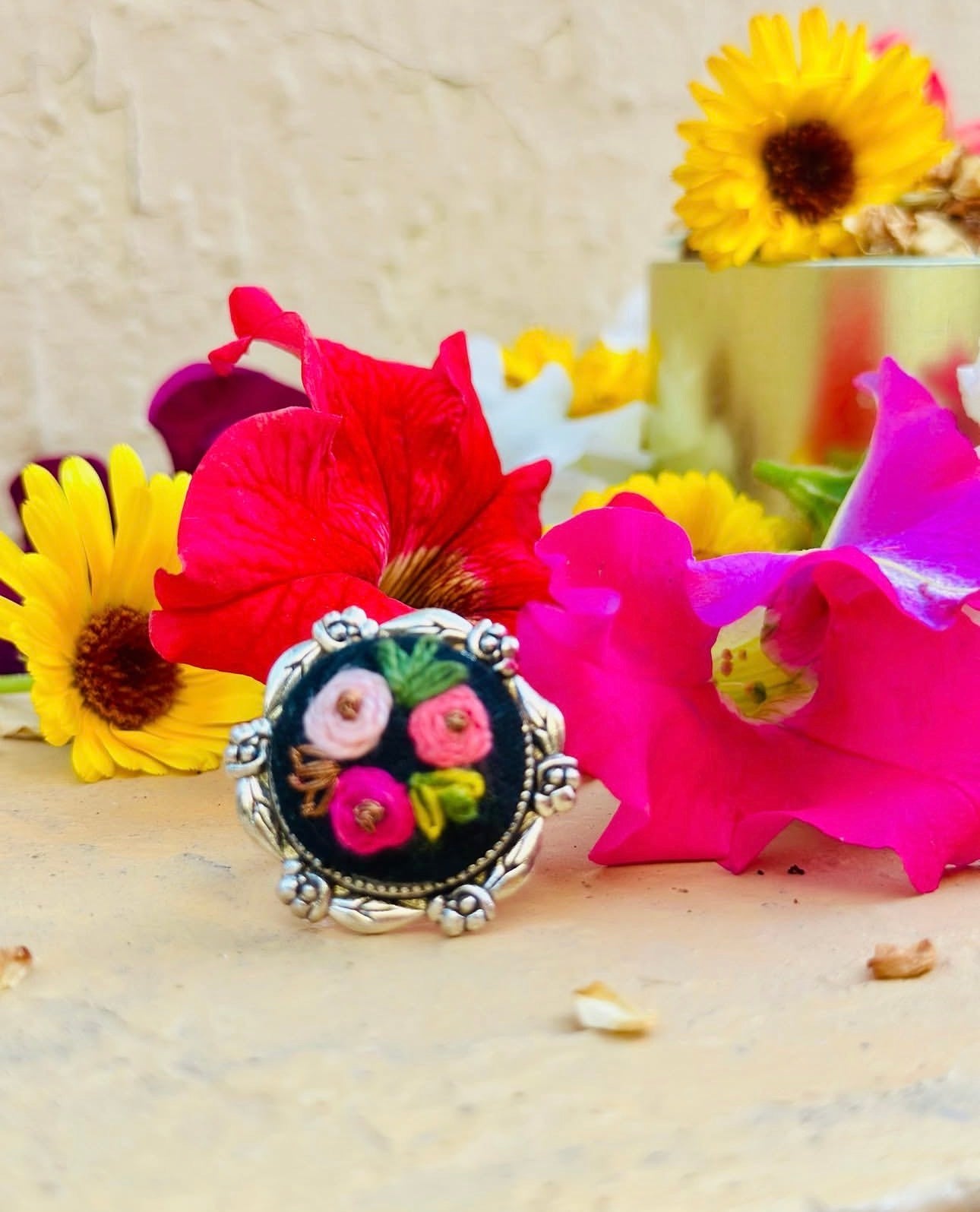 Hand-Embroidered Black Floral Ring - Vintage Silver Filigree Band
