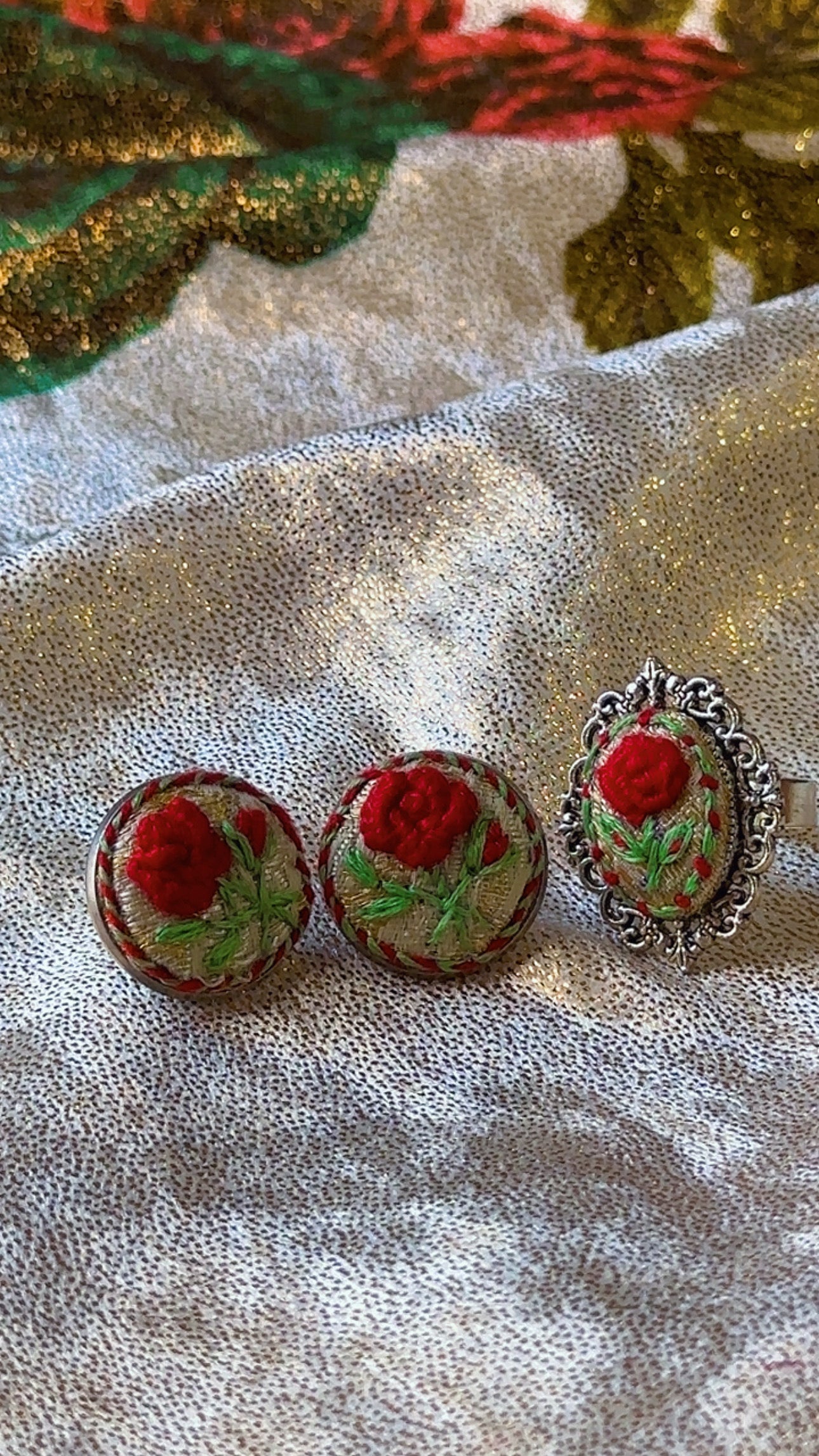 Scarlet Rose Hand-Embroidered Studs