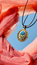Hand-Embroidered Blue Rose Pendant - Vintage Gold  - Artisan Hand-Stitched Jewelry