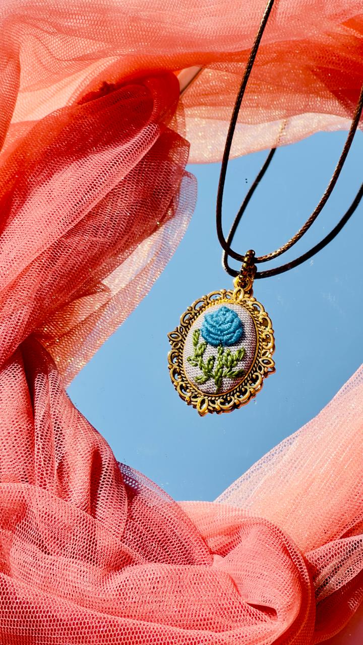 Hand-Embroidered Blue Rose Pendant - Vintage Gold  - Artisan Hand-Stitched Jewelry