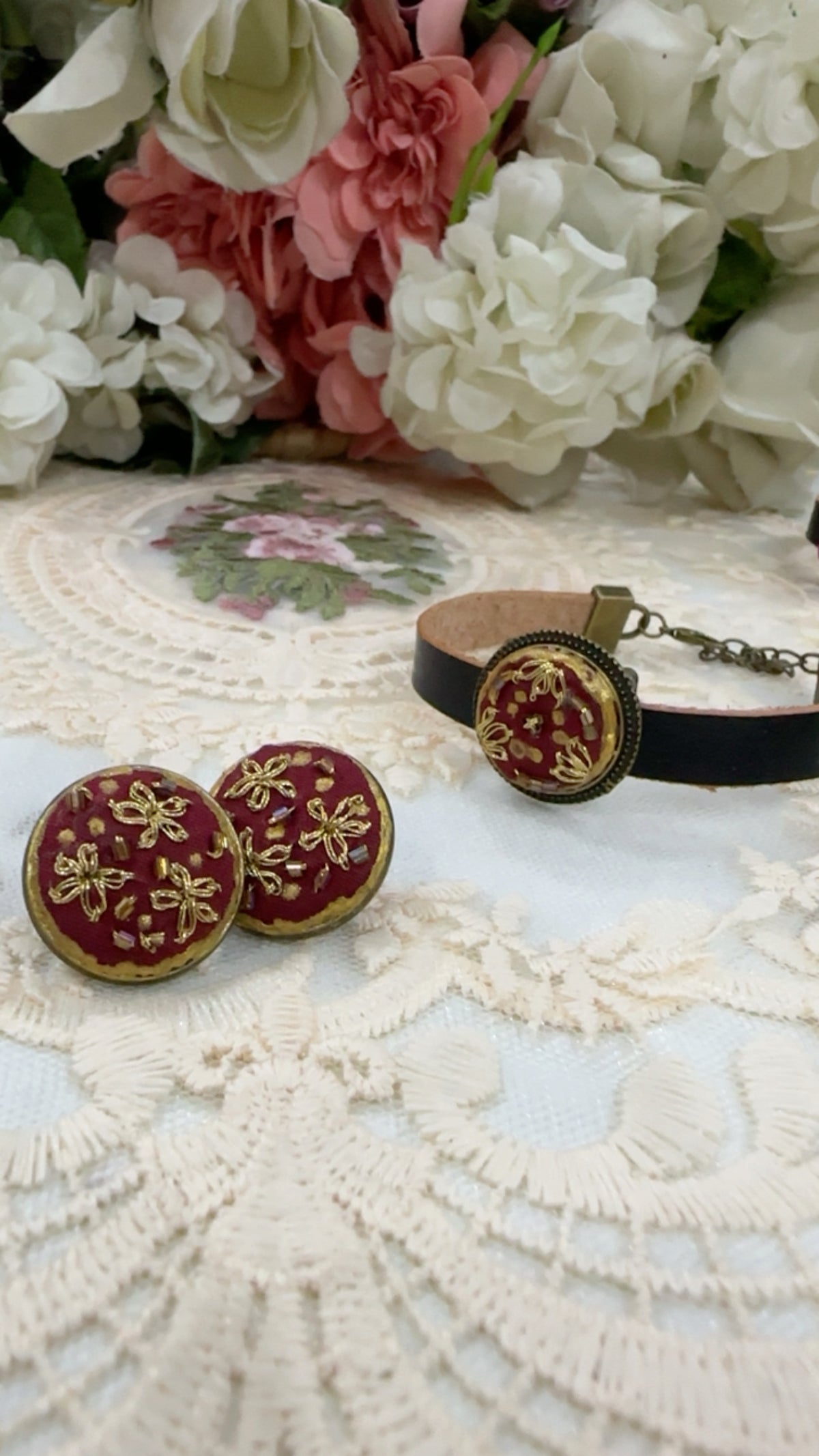 Crimson Golden Starburst Hand-Embroidered Festive Statement Earrings