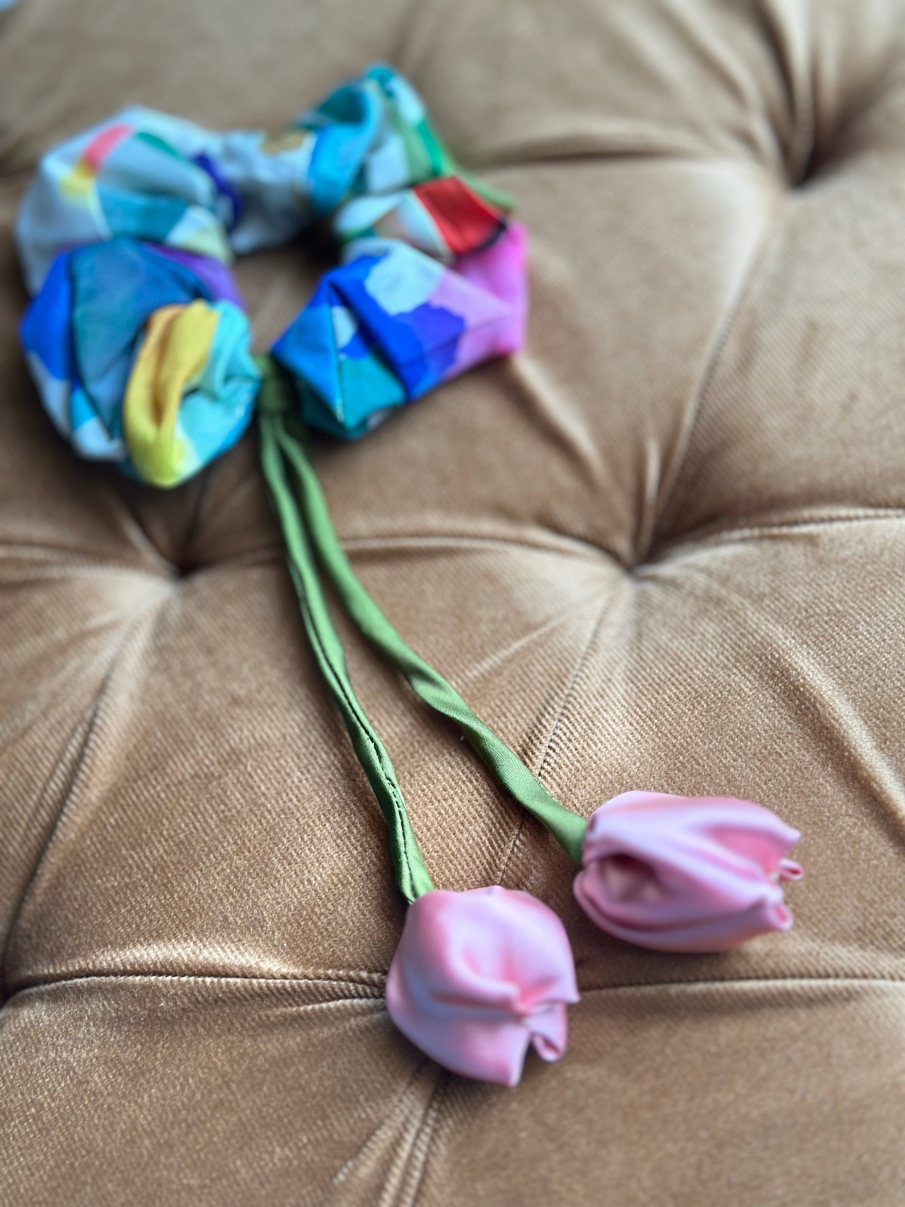 Abstract Garden Tulip Scrunchie - Vibrant Handmade Hair Tie