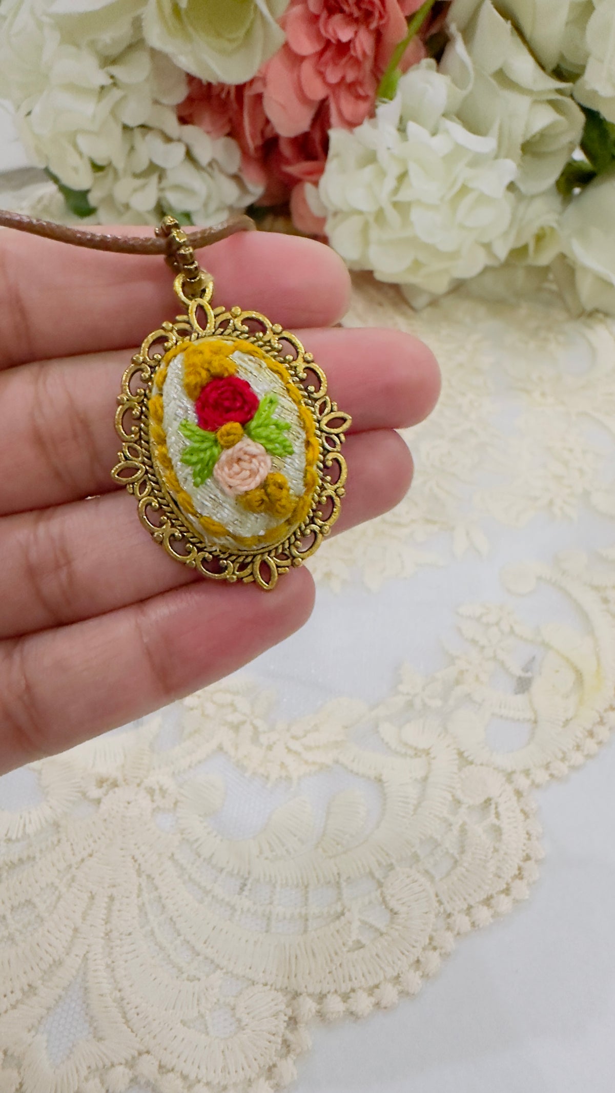 Vintage Rose Garden Hand-Embroidered Floral Pendant Necklace