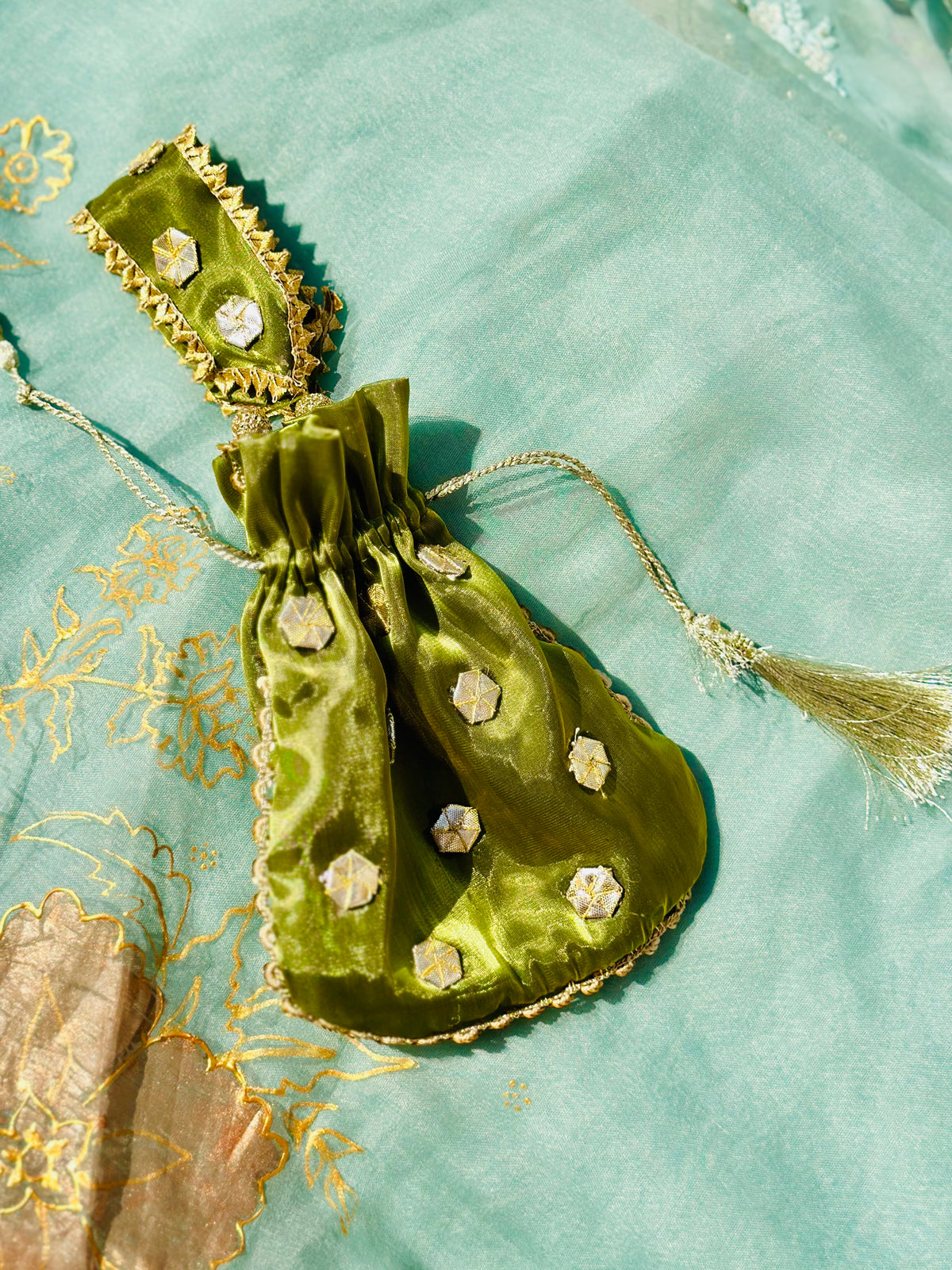 Zamurd Handcrafted Olive Green Gota Work Potli Bag